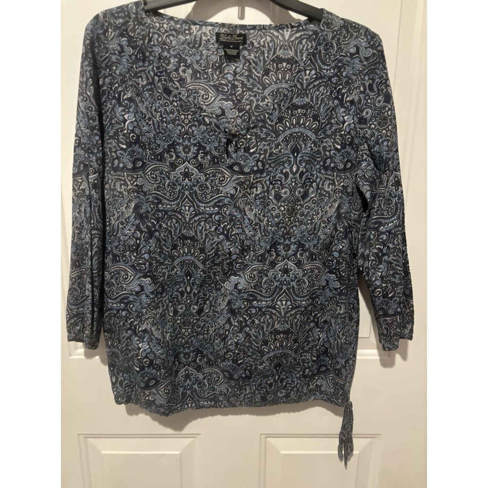 Lucky Brand Blouse Women's Artsy Blue Boho Peasant Drawstring Waist Top Medium
